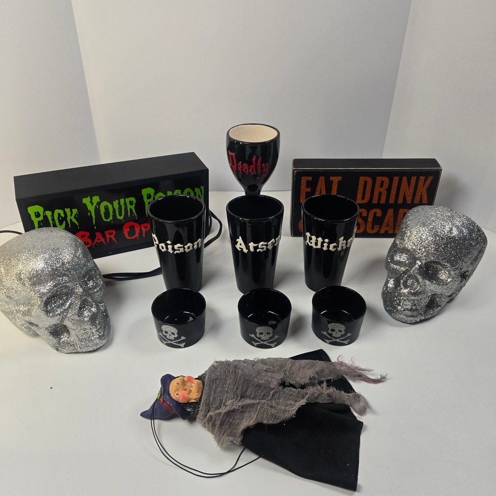 Halloween Bar Decor Set Black Silver Skull Glasses Sign Witch Party Bundle